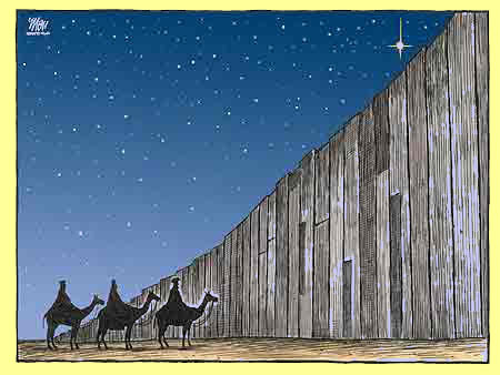 Illustration by Laura King of the  'security wall' and the 3 wise men